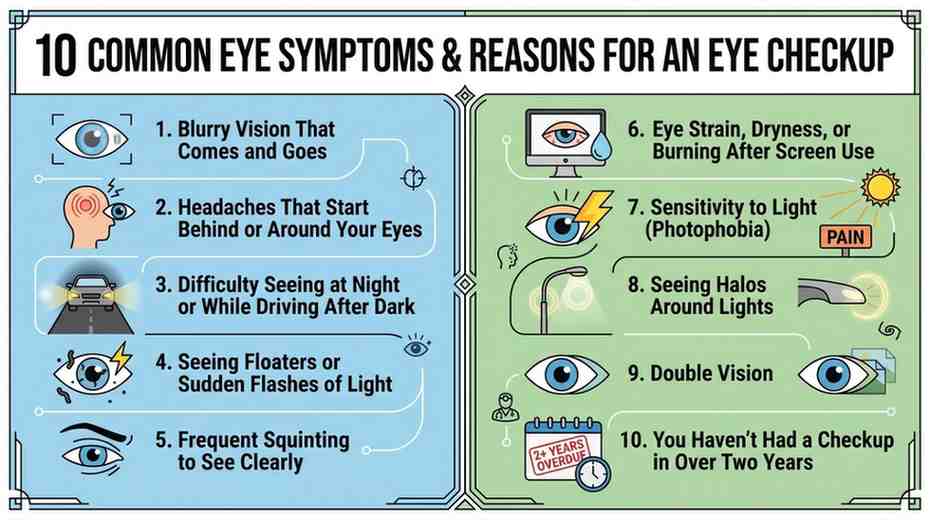 10 common eye symptoms and reasons for an eye checkup, including blurry vision, headaches, night driving difficulty, floaters, squinting, eye strain, light sensitivity, halos, double vision.