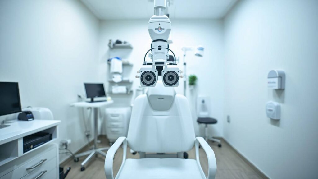 Modern eye exam room with ophthalmology chair and diagnostic equipment in a clean eye clinic.