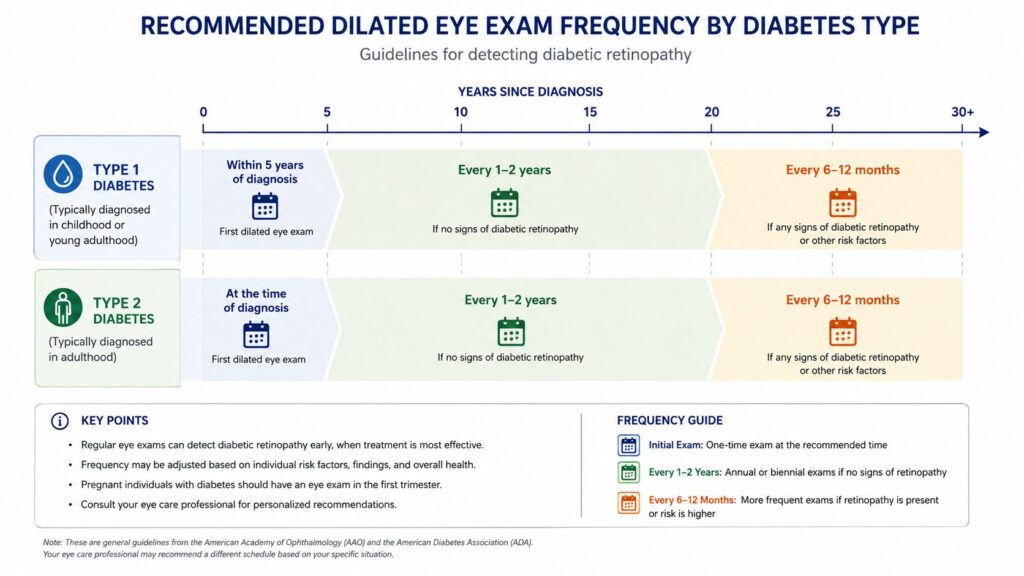 diabetes diagnosis, vertical axis showing recommended exam frequency for Type 1 vs Type 2