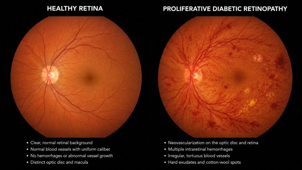 healthy retina vs. retina with proliferative diabetic retinopathy
