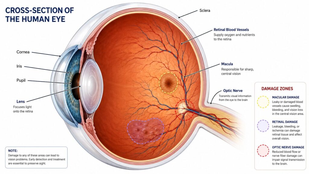 human eye showing retinal blood vessels, macula, lens, and optic nerve
