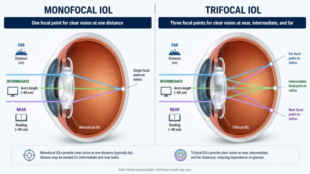 monofocal vs trifocal IOL light path through the eye